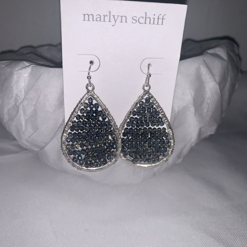 Marlyn Schiff Light Blue Silver Dropped Earrings Oval Shaped Wired Design